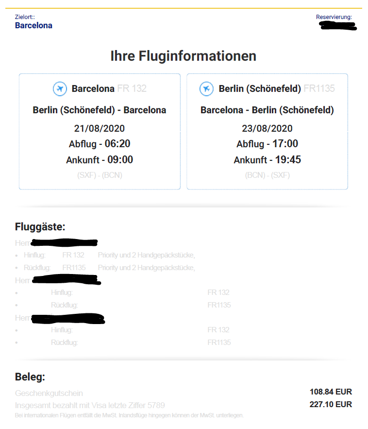 Beispiel Buchungsbestätigung Ryanair Flugpreis