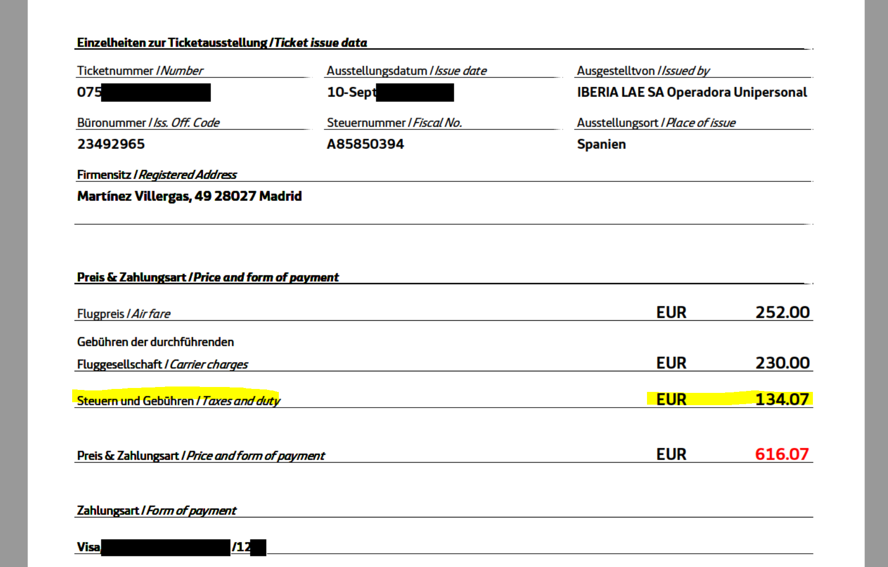 Auszug aus Iberia E-Ticket mit Steuern und Gebühren