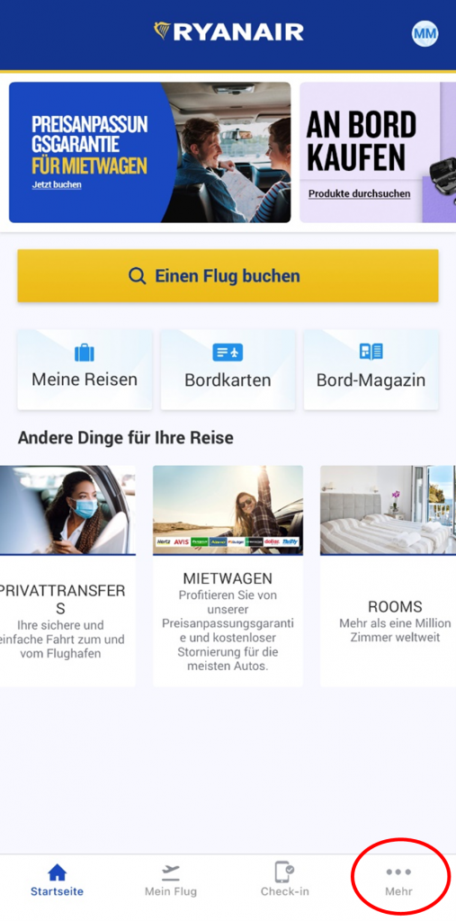 MyRyanair-App Hauptseite