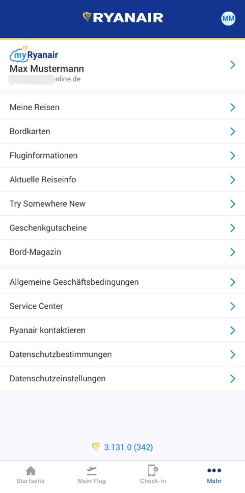 MyRyanair-App Unterseite 1
