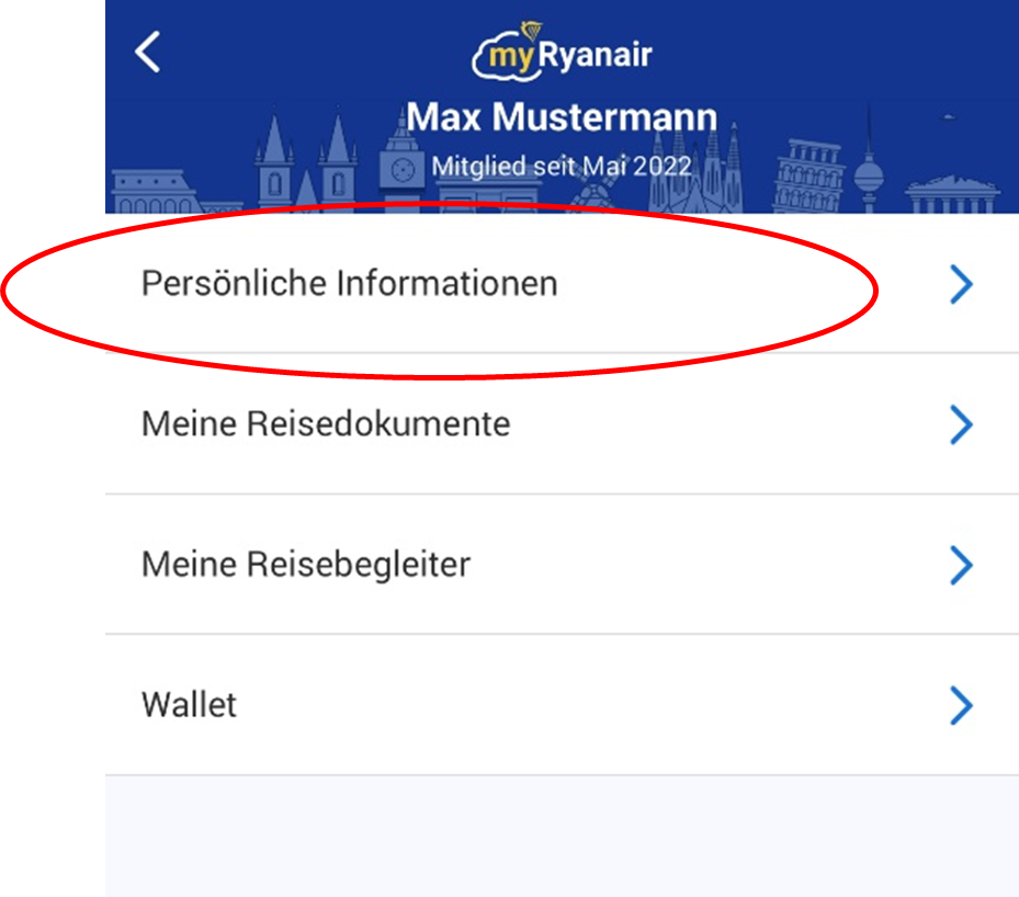 MyRyanair-App Persönliche Informationen