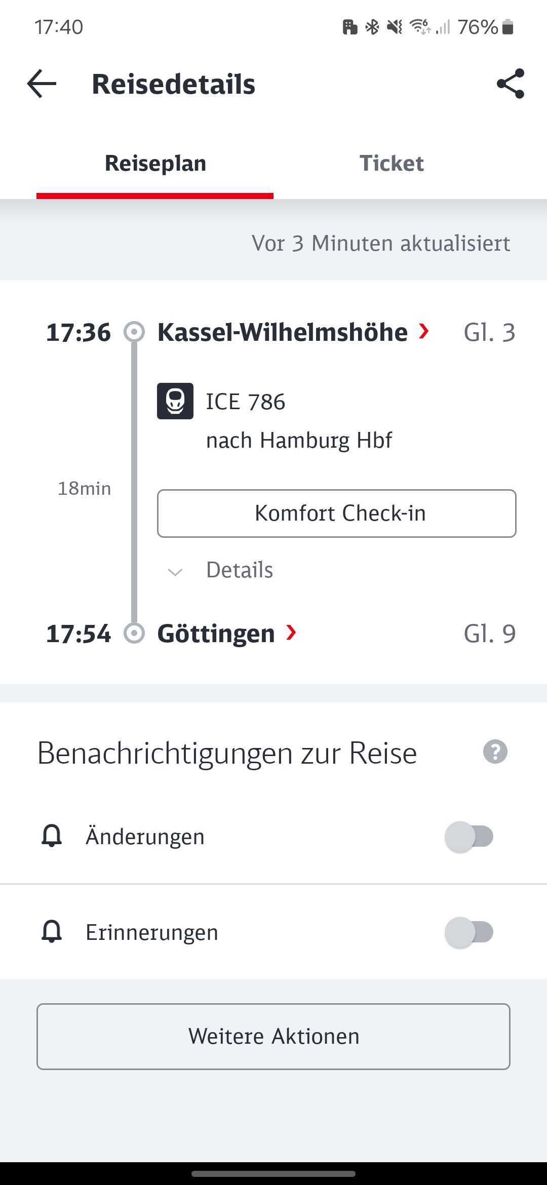 Screenshot aus DB App - weitere Aktionen