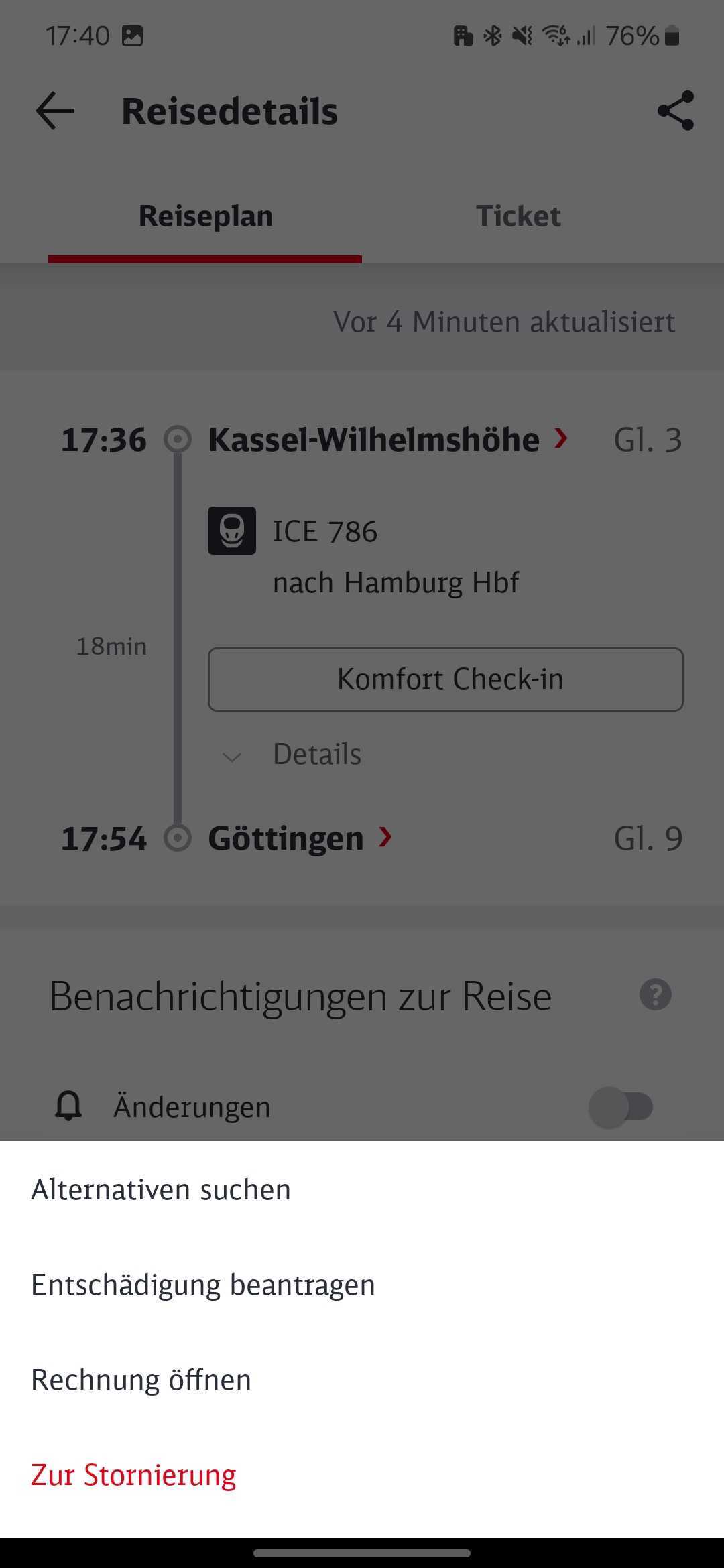 Screenshot aus DB App - zum Stornieren